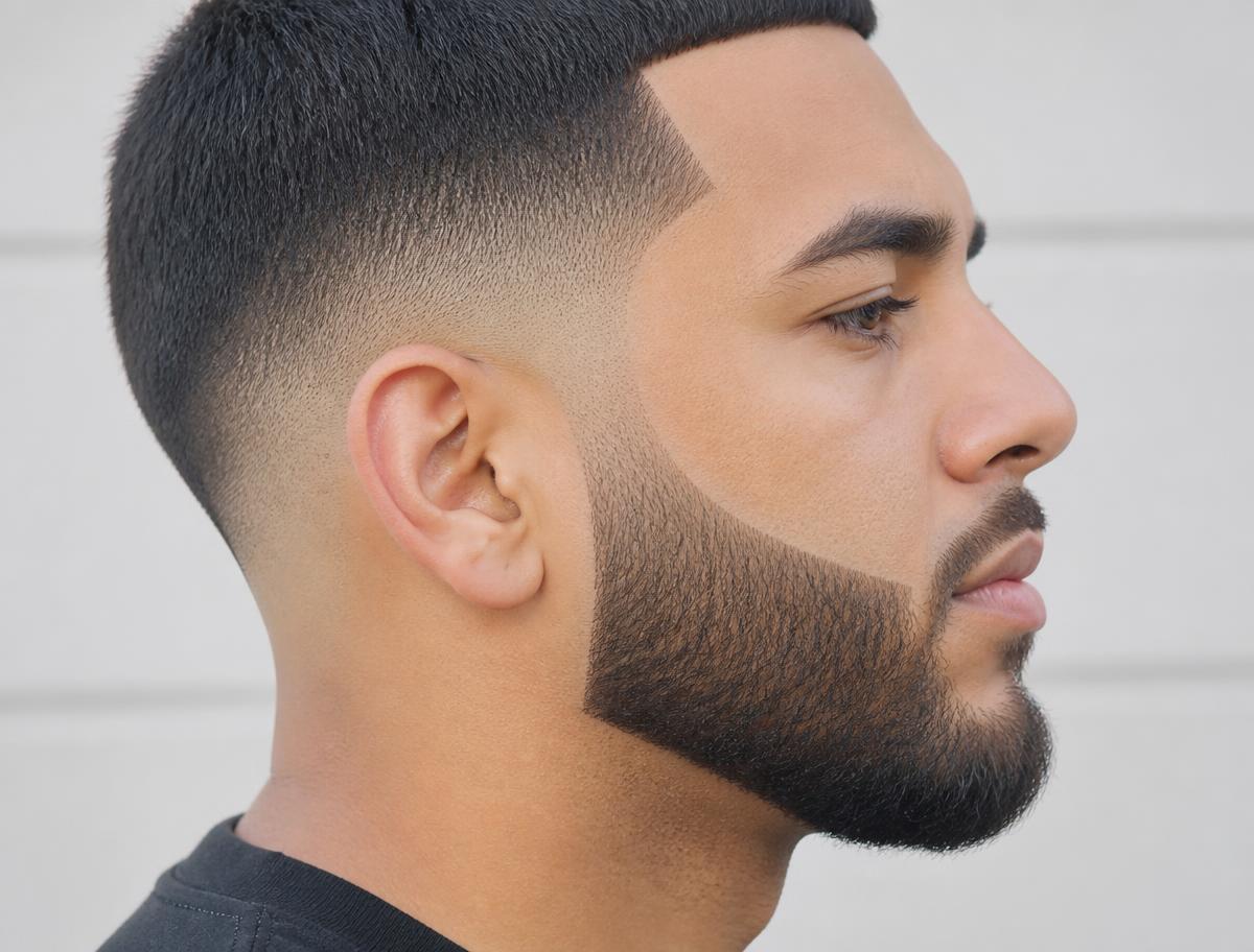 Side profile of a sharply lined-up short beard with a fresh fade