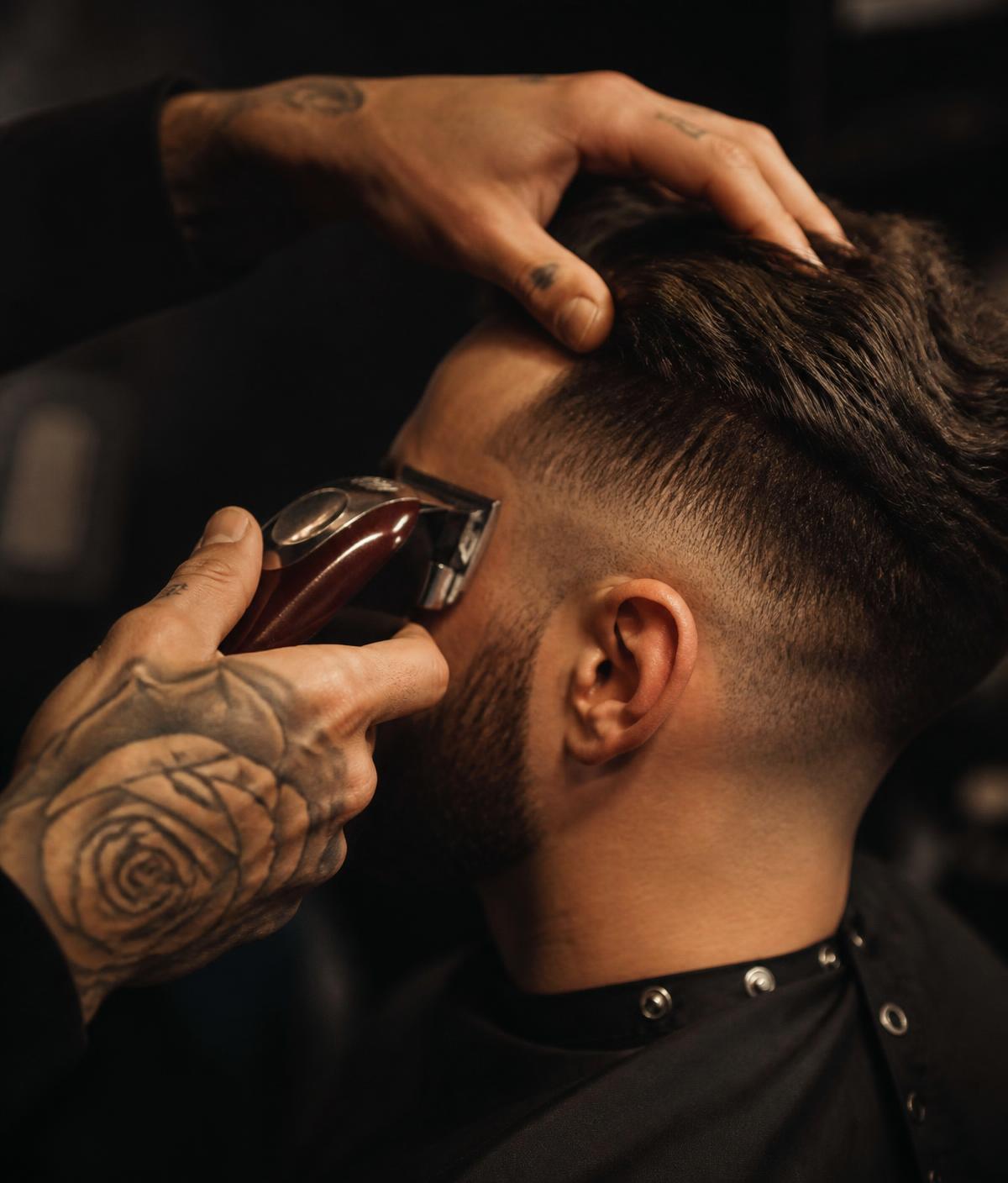 Barber trimming a client's hair with clippers