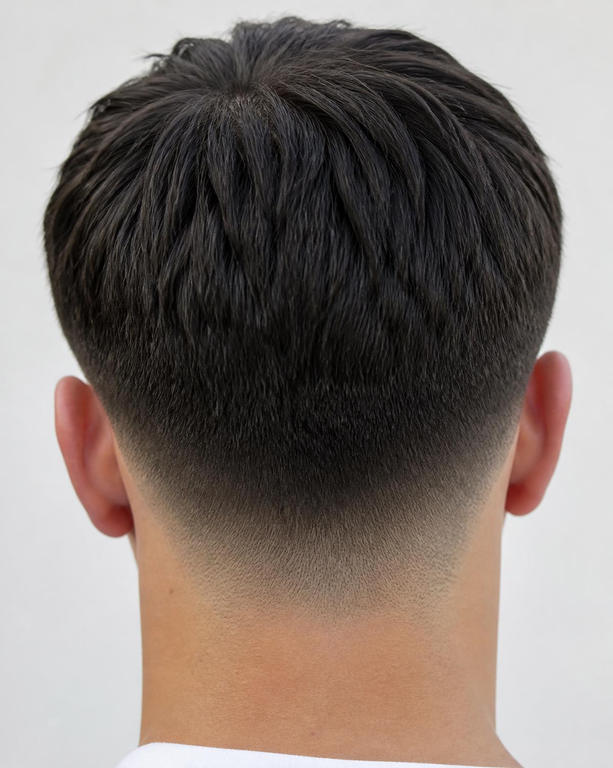 Back view of a finished low taper fade blended cleanly into the neckline
