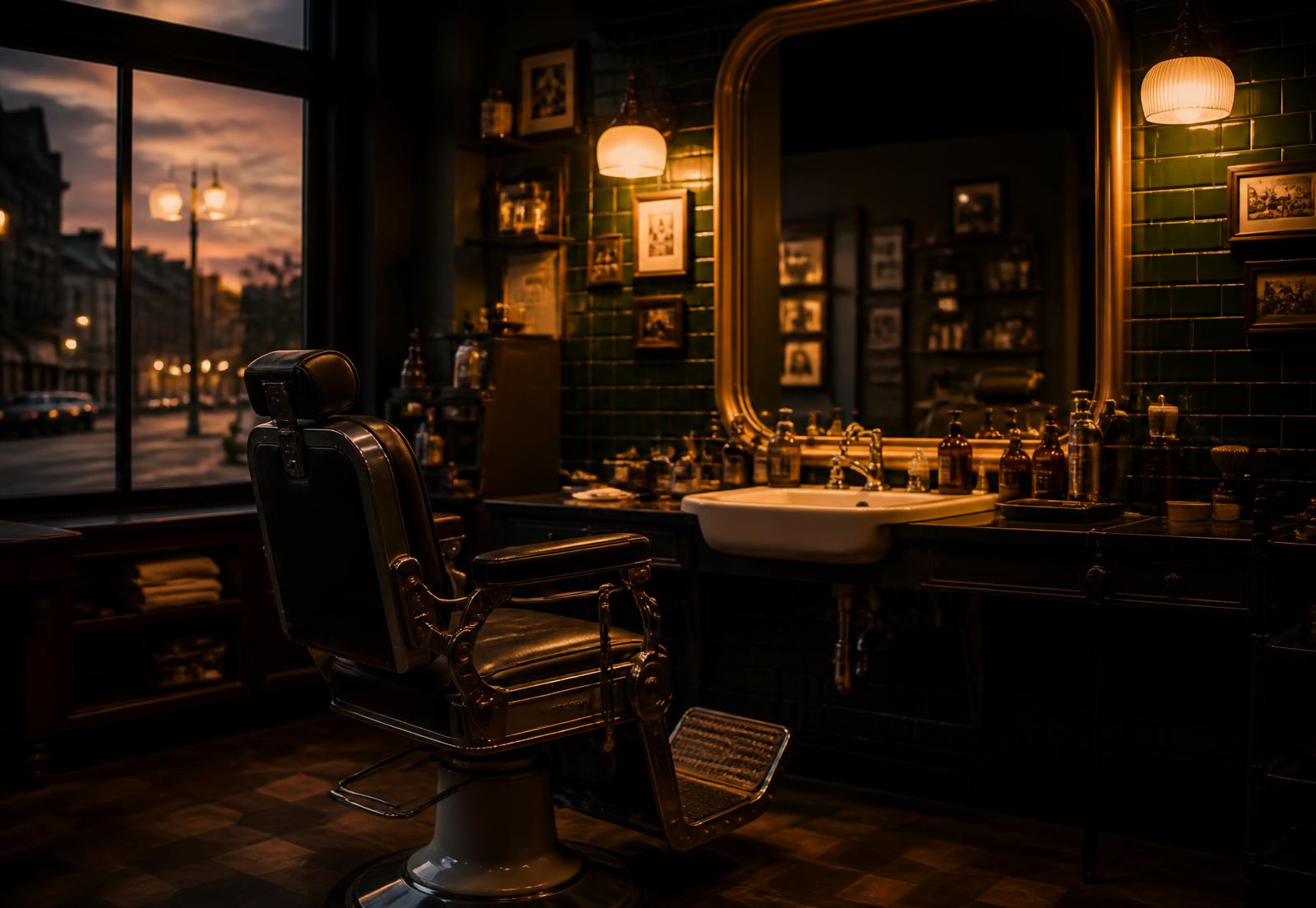 Interior of Barbaros Barbershop with vintage barber chair and warm lighting
