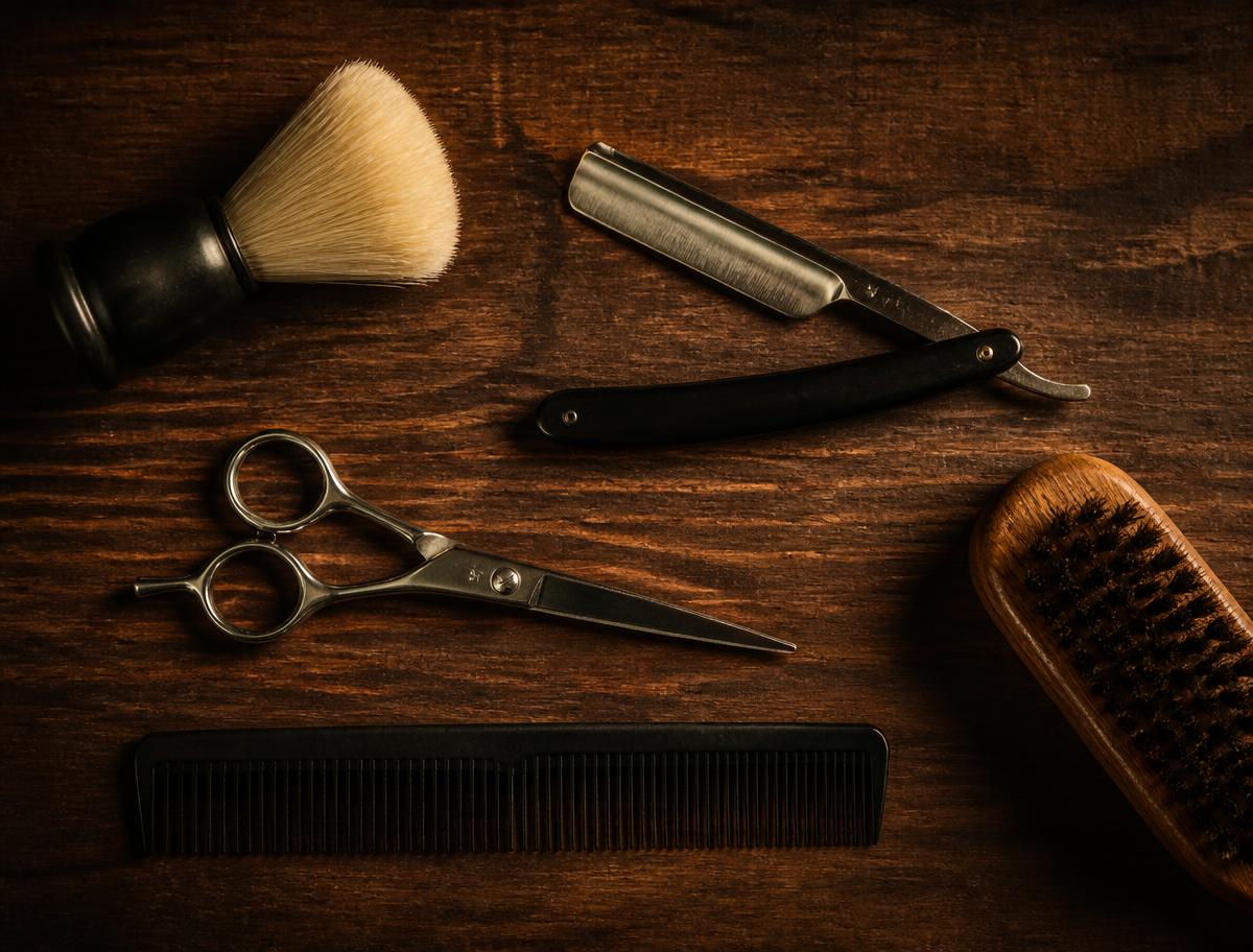 Straight razor, scissors, comb and brush on a wooden counter